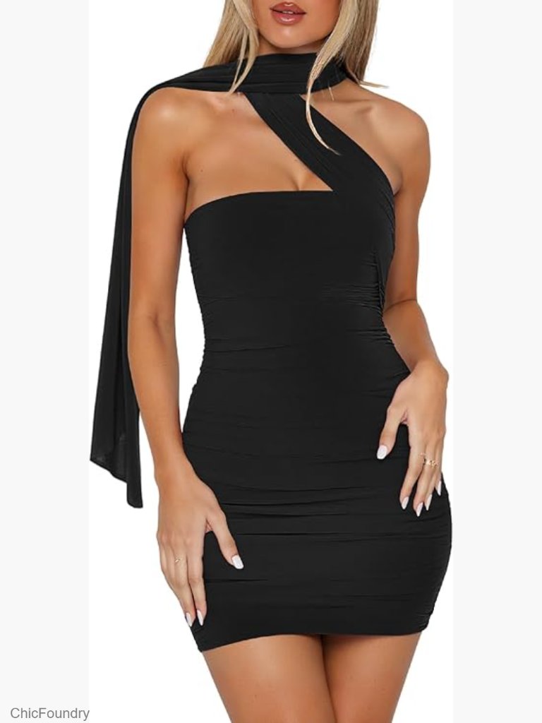 Strapless Ruched Bodycon Mini Dress With Scarf - Club Night Out